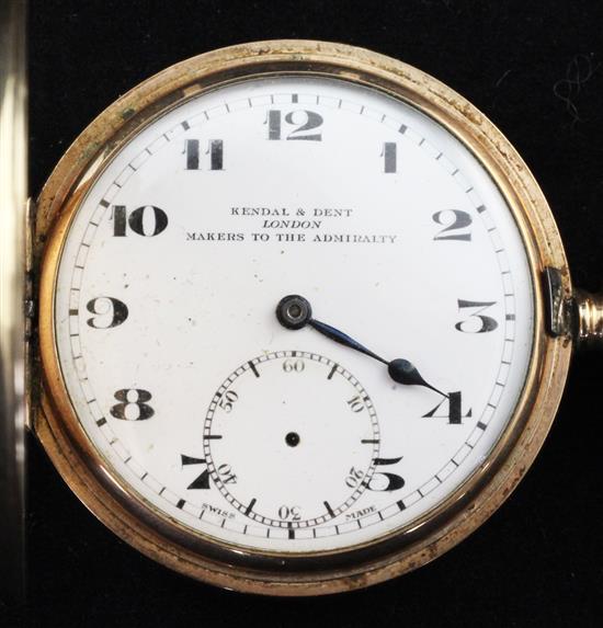 A George V 9ct gold hunter keyless lever pocket watch, retailed by Kendal & Dent, London,